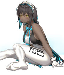 Rule 34 | 1girl, absurdres, adapted costume, bare shoulders, black one-piece swimsuit, blue archive, blue bow, blue bowtie, blue hair, blush, bow, bowtie, breasts, brown hair, cleavage, closed mouth, colored inner hair, commentary request, competition swimsuit, dark-skinned female, dark skin, feet, gloves, hair between eyes, highres, karin (blue archive), large breasts, long hair, looking at viewer, maid headdress, multicolored hair, no shoes, one-piece swimsuit, pantyhose, pixel (yuxian), sidelocks, simple background, sitting, slit pupils, solo, swimsuit, two-tone hair, very long hair, white background, white gloves, white one-piece swimsuit, white pantyhose, yellow eyes
