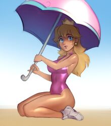 Rule 34 | 1girl, alternate costume, blonde hair, blue eyes, breasts, commentary, covered navel, crown, earrings, english commentary, full body, holding, holding umbrella, jewelry, kneeling, large breasts, long hair, looking at viewer, mario (series), medium breasts, medium hair, nintendo, one-piece swimsuit, parted lips, pink one-piece swimsuit, princess peach, psuede, shoes, smile, sneakers, solo, super mario bros. 1, swimsuit, umbrella