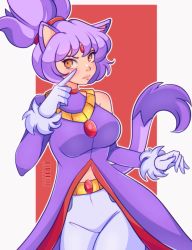 Rule 34 | 1girl, animal ears, belt, blaze the cat, blush, breasts, cat ears, cat girl, cat tail, cresscin, facial mark, forehead mark, gem, gloves, humanization, index finger raised, jacket, large breasts, long sleeves, pants, ponytail, purple hair, purple jacket, red background, sega, sonic (series), standing, tail, white gloves, white pants, yellow eyes
