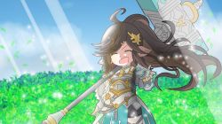Rule 34 | 1girl, ahoge, brown eyes, closed eyes, granblue fantasy, harvin, kudan4429, light rays, long hair, over shoulder, pointy ears, polaris (granblue fantasy), ponytail, smile, solo, war hammer, weapon, weapon over shoulder, wind