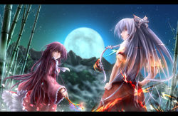 Rule 34 | 2girls, bamboo, bamboo forest, bow, branch, brown eyes, forest, fujiwara no mokou, full moon, hair bow, hair ribbon, hands on own hips, highres, houraisan kaguya, husky (artist), jeweled branch of hourai, letterboxed, long hair, long sleeves, looking at viewer, looking back, moon, mountain, multiple girls, nature, night, pants, purple hair, red eyes, ribbon, shirt, short sleeves, silver hair, skirt, sky, star (sky), starry sky, suspenders, touhou, tress ribbon, very long hair, wide sleeves