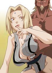 Rule 34 | 1girl, a (naruto), all fours, blonde hair, breasts, brown eyes, censored, cleavage, closed mouth, clothed female nude male, dark-skinned male, dark skin, doggystyle, facial mark, forehead mark, from below, grabbing, grabbing another&#039;s breast, groin, hand up, highres, kyabakurabakufu, large breasts, legs, long hair, mosaic censoring, nail polish, naruto, naruto (series), navel, no panties, nude, penis, pussy, sex, sex from behind, simple background, sweat, thighs, torso grab, tsunade (naruto), two-tone background, vaginal