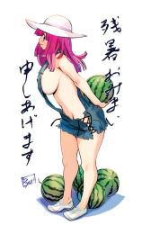 Rule 34 | 1girl, arms behind back, breasts, carrying, food, fruit, full body, hat, holding, holding food, holding fruit, huge breasts, la pucelle, long hair, naked overalls, no bra, no panties, no socks, overalls, pink hair, prier, profile, red eyes, red hair, revealing clothes, ryoji (nomura ryouji), shoes, sideboob, simple background, sneakers, solo, standing, sun hat, translation request, watermelon, white background, zanshomimai