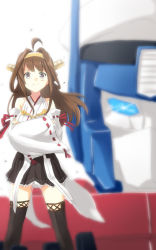 Rule 34 | &gt;:), 10s, 1girl, admiral (kancolle), ahoge, autobot, bad id, bad pixiv id, black thighhighs, blurry, brown eyes, brown hair, crossed arms, crossover, depth of field, detached sleeves, engiyoshi, gunbuster pose, hairband, hat, kantai collection, kongou (kancolle), long hair, mecha, nontraditional miko, optimus prime, peaked cap, pleated skirt, ribbon-trimmed sleeves, ribbon trim, robot, skirt, smile, standing, thighhighs, top wo nerae!, transformers, v-shaped eyebrows, wind, zettai ryouiki