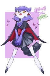 Rule 34 | 1girl, absurdres, animal ears, bat (animal), black shirt, black skirt, blush, border, cape, colored skin, creatures (company), ddingyong, elbow gloves, fangs, female focus, flat chest, fusion, game freak, gardevoir, gen 3 pokemon, gen 4 pokemon, gliscor, gloves, hair horns, happy, highres, korean text, legs, legs apart, long sleeves, looking at viewer, medium hair, miniskirt, multicolored eyes, nintendo, open mouth, outside border, own hands together, pink background, pleated skirt, pokemon, pokemon (creature), purple eyes, purple gloves, purple hair, red cape, scorpion tail, shirt, simple background, skin fangs, skirt, smile, solo, tail, translation request, two-sided cape, two-sided fabric, v arms, white border, white skin, yellow eyes