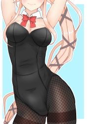 Rule 34 | 1girl, absurdres, animal ears, aqua background, arms up, black leotard, black pantyhose, border, bow, bowtie, breasts, commentary request, cowboy shot, detached collar, facing viewer, fishnet pantyhose, fishnets, hair ribbon, head out of frame, highres, kantai collection, leotard, long hair, medium breasts, nitamako (sakamalh), pantyhose, pink hair, playboy bunny, ponytail, rabbit ears, red bow, red bowtie, ribbon, solo, strapless, strapless leotard, thighband pantyhose, two-tone background, very long hair, white border, yura (kancolle)