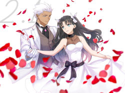 Rule 34 | 1boy, 1girl, archer (fate), breasts, brown hair, ascot, dancing, dark skin, dark-skinned male, dress, emya, fate/grand order, fate/stay night, fate (series), formal, gloves, green eyes, grey eyes, long hair, manly, petals, ribbon, rose petals, short hair, smile, tohsaka rin, two side up, white hair