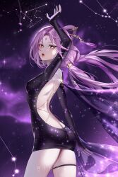 Rule 34 | 1girl, absurdres, aries (constellation), arm up, artist name, backless dress, backless outfit, black dress, breasts, constellation, dress, floating hair, forehead jewel, from side, fu xuan (honkai: star rail), hair ornament, hair stick, highres, honkai: star rail, honkai (series), leo (constellation), long sleeves, looking to the side, medium breasts, open mouth, pink hair, ringeko-chan, sleeves past wrists, solo, standing, taurus (constellation), thigh strap, yellow eyes