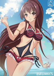 Rule 34 | 10s, 1girl, bare shoulders, blush, breasts, brown eyes, brown hair, casual one-piece swimsuit, cleavage, curvy, covered erect nipples, kantai collection, kantai collection (anime), long hair, looking at viewer, medium breasts, navel, one-piece swimsuit, parted lips, ponytail, sakiyamama, solo, swimsuit, very long hair, wide hips, yamato (kancolle)