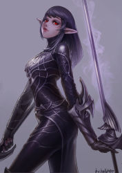 Rule 34 | 1girl, absurdres, armor, colored skin, dual wielding, elf, gauntlets, hellcherr, highres, holding, lipstick, long hair, looking at viewer, magic, makeup, nail polish, original, pointy ears, purple skin, rapier, red eyes, skin tight, slit pupils, smile, solo, sword, weapon