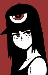 Rule 34 | 1girl, akairiot, bare shoulders, closed mouth, collarbone, eyelashes, freckles, hat, heart, long hair, looking at viewer, original, red background, red eyes, simple background, solo, tank top