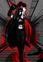 Rule 34 | 1boy, black gloves, black hair, black pants, black sclera, black shirt, blood, chain, colored sclera, corpse, crop top, cuffs, curvy, death, dizzyspells, eldritch god, feminine, full body, gloves, hair over one eye, highres, holding, holding sword, holding weapon, ink (cibastion), long hair, male focus, midriff, monster, monster boy, muscular, muscular male, navel, one eye covered, original, pants, pectoral cleavage, pectorals, red eyes, shirt, sleeveless, sword, toned, toned male, very long hair, weapon, wrist cuffs