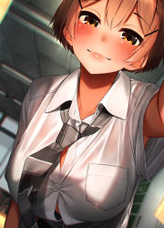 Rule 34 | 1girl, armpit peek, bad id, bad pixiv id, bra, bra peek, breast pocket, breasts, brown hair, button gap, buttons, collared shirt, commentary request, dress shirt, hair ornament, hairclip, highres, indoors, large breasts, looking at viewer, necktie, original, pocket, rerrere, school uniform, selfie, shirt, short hair, short sleeves, smile, solo, striped necktie, striped neckwear, underwear, upper body, white shirt