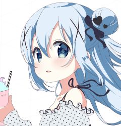 Rule 34 | 1girl, absurdres, bare shoulders, black bow, blouse, blue eyes, blue hair, blush, bow, collarbone, commentary request, copyright request, crescent, drinking straw, fingernails, food, hair bow, hair bun, hair ornament, heart, heart hair ornament, highres, holding, long hair, looking at viewer, looking to the side, neki (wakiko), parted lips, polka dot, polka dot shirt, shaved ice, shirt, side bun, sidelocks, simple background, single hair bun, single side bun, solo, white background, white shirt, x hair ornament