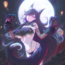 1girl animal_ears atago_(azur_lane) atago_(full_moon&#039;s_feral_wolf)_(azur_lane) azur_lane bare_shoulders bikini black_bikini black_hair black_tail breasts full_moon ghost gloves large_breasts long_hair looking_at_viewer manjuu_(azur_lane) moon navel paw_gloves revealing_clothes sansan_(dongfangzhong111) solo swimsuit tail very_long_hair yellow_eyes