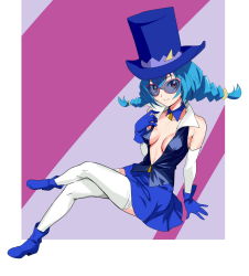 Rule 34 | 1girl, bad id, bad pixiv id, blue-tinted eyewear, blue-tinted glasses, blue cat (precure), blue footwear, blue gloves, blue hair, blue hat, blue skirt, boots, braid, breasts, breasts apart, closed mouth, elbow gloves, full body, gloves, hair between eyes, hat, highres, jacket, long hair, looking at viewer, mao (star twinkle precure), medium breasts, miniskirt, no bra, ontaros, open clothes, open jacket, orange eyes, precure, shoes, simple background, sitting, skirt, smile, solo, star twinkle precure, sunglasses, thighhighs, thighhighs under boots, thighs, tinted eyewear, top hat, twin braids, white thighhighs, zettai ryouiki