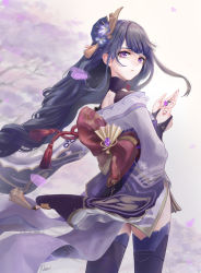 Rule 34 | 1girl, absurdres, artist name, braid, breasts, bridal gauntlets, cherry blossoms, closed mouth, coattails, commentary request, flower, from behind, genshin impact, hair ornament, highres, holding, holding petal, japanese clothes, kimono, large breasts, long hair, long sleeves, looking at viewer, looking back, md5 mismatch, mitsudomoe (shape), mohri, mole, mole under eye, nail polish, obi, petals, purple eyes, purple flower, purple hair, purple nails, purple thighhighs, raiden shogun, resolution mismatch, revision, sash, solo, source smaller, tassel, thighhighs, tomoe (symbol), wide sleeves