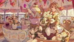 Rule 34 | 1girl, amusement park, brown eyes, brown hair, buchi (qooo003), closed mouth, commentary request, dress, flower, highres, long hair, looking away, noise, original, railing, solo, standing, stuffed animal, stuffed toy, teapot, teddy bear, vase, white dress, white flower