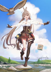 Rule 34 | 1girl, 2others, balancing, bird, bow, breasts, brown eyes, brown hair, unworn cloak, commentary, english commentary, feather hair ornament, feathers, floating, friend (nanashi mumei), gloves, hair ornament, hairclip, highres, hololive, hololive english, long hair, multicolored hair, multiple others, nanashi mumei, open mouth, owl, ponytail, shirt, skyrail, smile, streaked hair, thighs, very long hair, virtual youtuber, white shirt
