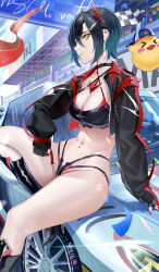 Rule 34 | &gt; &lt;, 1girl, absurdres, aqua hair, arm support, azur lane, backwards hat, bikini, bird, black bikini, black footwear, black gloves, black hair, black jacket, blue sky, boots, breasts, car, checkered flag, chick, choker, cleavage, closed mouth, cloud, collarbone, commentary, criss-cross halter, crotch zipper, day, ear piercing, fingerless gloves, flag, gloves, hair between eyes, hair ornament, hairclip, halterneck, hat, highres, holding, holding flag, horns, jacket, knee boots, long sleeves, looking at viewer, manjuu (azur lane), mechanical horns, medium breasts, motor vehicle, multicolored hair, nail polish, navel, navel piercing, official alternate costume, outdoors, pannko6216, piercing, profile, race queen, racetrack, red horns, red nails, shadow, short hair, sidelocks, sitting, sitting on car, sky, slit pupils, smile, solo focus, spiked choker, spikes, stomach, swimsuit, ulrich von hutten (azur lane), ulrich von hutten (ignition matrician) (azur lane), yellow eyes, zipper, zipper bikini