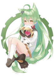 Rule 34 | 1girl, ahoge, akashi (azur lane), animal ears, aruma (sawayaka tokuko miruku), azur lane, bell, black bow, blush, bow, brown eyes, cat ears, commentary request, covered mouth, dress, gears, gift, green hair, grey footwear, hair between eyes, hair bow, hair ornament, hands in opposite sleeves, heart, highres, holding, holding gift, jingle bell, kneehighs, kneehighs pull, loafers, long hair, long sleeves, looking at viewer, low-tied long hair, nose blush, red bow, red ribbon, ribbon, sailor dress, shoes, simple background, sitting, socks, solo, very long hair, white background, white dress, white socks, wide sleeves