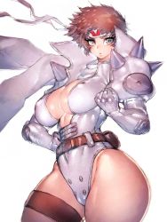 Rule 34 | 1girl, belt, belt pouch, breasts, brown hair, capcom, center opening, cleavage, clothes writing, covered erect nipples, cowboy shot, cyberbots, delinquent, fumio (rsqkr), genderswap, gloves, hand on own hip, headband, high collar, highleg, highres, large breasts, looking at viewer, pouch, saotome jin, scarf, short hair, shoulder spikes, solo, spikes, thigh strap, thighs, white background, wide hips