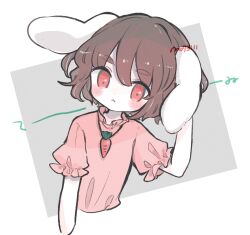 Rule 34 | 1girl, animal ears, black hair, blush, carrot necklace, closed mouth, commentary request, cropped torso, dress, highres, inaba tewi, jewelry, looking at viewer, m (m073111), necklace, pink dress, rabbit ears, red eyes, short hair, short sleeves, signature, solo, touhou, two-tone background, upper body