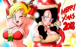 Rule 34 | 2girls, antlers, armpits, arms up, bare shoulders, bikini, bikini top only, black hair, blonde hair, blue eyes, blush, breasts, christmas, cleavage, dragon ball, dragonball z, elbow gloves, erasa (dragon ball), fur trim, gloves, happy, hat, horns, large breasts, looking at viewer, multiple girls, one eye closed, open mouth, parted lips, red gloves, santa hat, shy, smile, snow, snowing, swimsuit, twintails, upper body, videl, wink, yamamoto doujin