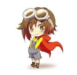 Rule 34 | 1girl, brown eyes, brown hair, cape, chibi, cosplay, despicable me, full body, goggles, hands in pockets, iesupa, minion (despicable me), minion (despicable me) (cosplay), overalls, ruby rose, rwby, rwby chibi, short hair, smile, solo