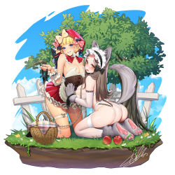 Rule 34 | 2girls, animal hands, apple, ass, basket, big bad wolf, black bow, blonde hair, blue eyes, blue sky, bonnet, bow, breasts, bridal garter, brown hair, cleavage, clenched teeth, cloud, commentary request, day, femdom, food, frills, fruit, gloves, grass, grey gloves, hood, hoodie, kneeling, large breasts, little red riding hood, little red riding hood (grimm), long hair, looking at viewer, masami chie, medium breasts, multiple girls, original, panties, paw gloves, pet play, pink bow, polka dot, polka dot bow, red hoodie, short hair, sideboob, signature, sky, smile, teeth, thigh strap, thighhighs, thighs, tree, underwear, white legwear, white panties, yellow bow, yuri