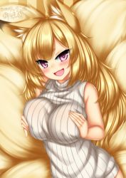 Rule 34 | 1girl, :d, animal ears, blonde hair, blush, breasts squeezed together, breasts, covered erect nipples, dated, eyebrows, fox ears, fox girl, fox tail, highres, kayou (sennen sensou aigis), large breasts, long hair, looking at viewer, minaha (playjoe2005), multiple tails, naked sweater, open mouth, purple eyes, ribbed sweater, sennen sensou aigis, short eyebrows, sleeveless, smile, solo, sweater, tail, upper body, white sweater