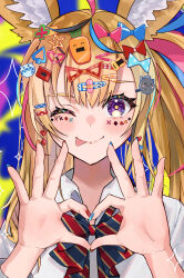 Rule 34 | 1girl, absurdres, animal ear fluff, animal ears, black bow, black bowtie, black hair, blonde hair, blue hair, blue nails, blurry, blurry background, blush, bow, bowtie, closed mouth, club hair ornament, collared shirt, commentary, diagonal-striped bow, diagonal-striped bowtie, diagonal-striped clothes, double-parted bangs, fox ears, fox girl, green nails, hair bow, hair ornament, hairpin, hands up, haru yu, heart, heart hands, highres, hololive, long hair, looking at viewer, multicolored bowtie, multicolored hair, multicolored nails, multiple hair bows, multiple hairpins, nail polish, official alternate costume, official alternate hairstyle, omaru polka, omaru polka (school uniform), one eye closed, orange nails, pink hair, purple eyes, red bow, red bowtie, red nails, shirt, side ponytail, smile, solo, sparkle, star-shaped pupils, star (symbol), streaked hair, striped clothes, symbol-shaped pupils, tongue, tongue out, upper body, virtual youtuber, white shirt
