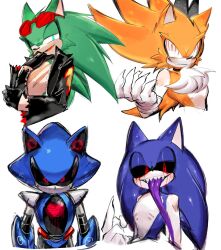 Rule 34 | @ @, animal ears, black sclera, blood, bloody tears, blue eyes, colored sclera, colored tongue, fleetway super sonic, gloves, green fur, grin, hedgehog, hedgehog ears, highres, metal sonic, purple fur, purple tongue, quill, red eyes, robot, scar, scar on chest, scourge the hedgehog, screen, smile, smug, sonic.exe, sonic.exe (character), sonic (series), sonic the comic, sonic the hedgehog, sonic the hedgehog (archie comics), super sonic, tongue, tongue out, usa37107692, yellow fur