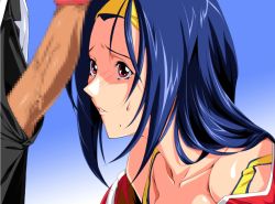 Rule 34 | 1girl, asahina natsuki, blue hair, blush, censored, long hair, penis awe, red eyes, sakura na omiki, super real mahjong, sweat