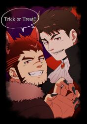 Rule 34 | 2boys, akashi (live a hero), animal ears, ascot, bad id, bad pixiv id, bara, claw pose, english text, facial hair, fangs, fingernails, goatee, grin, halloween, halloween costume, kemonomimi mode, live a hero, long sideburns, looking at viewer, male focus, male protagonist (live a hero), multiple boys, oskn tengoku, red eyes, red hair, scar, scar on face, scar on nose, sharp fingernails, short hair, sideburns, smile, thick eyebrows, trick or treat, vampire, werewolf, wolf ears