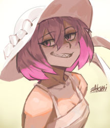 Rule 34 | 1girl, breasts, cleavage, dress, from side, hat, looking at viewer, looking to the side, original, pink-haired girl (zakusi), pink eyes, pink hair, signature, small breasts, smile, solo, sun hat, upper body, white dress, white hat, zakusi
