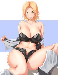 Rule 34 | 1girl, anagumasan, bare shoulders, bikini, blonde hair, blue eyes, boots, breasts, dead or alive, highres, jacket, large breasts, long hair, swimsuit, thighs, tina armstrong