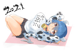Rule 34 | 1girl, 2021, absurdres, animal print, bell, neck bell, blue hair, blush, breasts, chinese zodiac, closed mouth, collar, cow girl, cow horns, cow print, cow tail, highres, horns, jashin-chan dropkick, large breasts, looking at viewer, lying, miniskirt, minos (jashin-chan dropkick), on back, red eyes, short hair, shumazarashi, skirt, smile, solo, tail, year of the ox