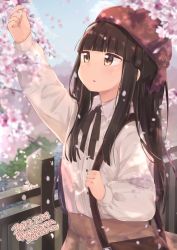 Rule 34 | 1girl, alternate costume, aoshima sakana, bag, beret, black hair, blunt bangs, blush, brown eyes, brown hat, cherry blossoms, commission, dated, day, hat, hatsuyuki (kancolle), highres, hime cut, kantai collection, long hair, long sleeves, outdoors, parted lips, petals, river, shirt, shoulder bag, skeb commission, sky, solo, twitter username, water