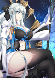 Rule 34 | absurdres, black bow, black dress, blue eyes, bow, braid, breasts, center opening, cleavage, clothing cutout, crossed legs, dress, fate/grand order, fate (series), french braid, gurum, highres, large breasts, long hair, morgan le fay (fate), pelvic curtain, platinum blonde hair, sitting, solo, stomach cutout, thick thighs, thighs, two-tone dress, very long hair