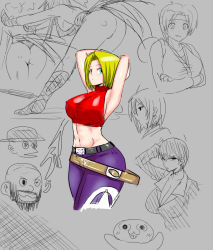 Rule 34 | 1girl, armpits, arms behind head, arms up, ass, back, bad id, bad pixiv id, bare shoulders, belt, blonde hair, blue eyes, blue mary, bob cut, breasts, chang koehan, choi bounge, cleavage, collage, collarbone, covered erect nipples, crop top, cropped legs, crossed arms, earrings, fatal fury, halterneck, halterneck, jewelry, kneepits, large breasts, legs, midriff, multiple belts, narrow waist, navel, okyou, pants, partial color, ryuuko no ken, shiranui mai, short hair, sideboob, sketch, smile, snk, solo, solo focus, the king of fighters, toned, vice (kof), whip (kof), yuri sakazaki