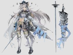 Rule 34 | 1girl, abulb, alternate design, animal ears, arknights, armor, armored boots, blue eyes, boots, full body, grey background, grey hair, grey shirt, grin, highres, holding, holding polearm, holding sword, holding weapon, jewelry, lappland (arknights), long hair, looking at viewer, midriff, navel, necklace, polearm, scar, scar across eye, shirt, shorts, simple background, smile, solo, standing, sword, tail, v-shaped eyebrows, very long hair, visor (armor), visor lift, weapon, white shorts, wolf ears, wolf girl, wolf tail