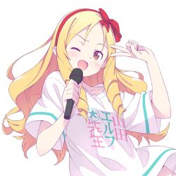 Rule 34 | 1girl, blonde hair, brown eyes, commentary request, drill hair, drill sidelocks, eromanga sensei, hairband, holding, holding microphone, kanzaki hiro, long hair, microphone, official art, one eye closed, open mouth, pointy ears, red hairband, shirt, sidelocks, smile, solo, t-shirt, translation request, v, yamada elf