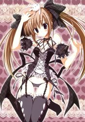 Rule 34 | 1girl, :&lt;, absurdres, animal, animal on head, black panties, black thighhighs, blue eyes, bottomless, brown hair, detached sleeves, dress, frilled thighhighs, frills, garter straps, halterneck, highres, inugami kira, lace, lace-trimmed legwear, lace trim, lowleg, lowleg panties, on head, panties, rabbit, rabbit on head, side-tie panties, sitting, solo, thighhighs, twintails, underwear, wariza