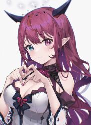 Rule 34 | 1girl, bare shoulders, blue eyes, blurry, breasts, brooch, cleavage, cleavage cutout, closed mouth, clothing cutout, detached sleeves, dress, earrings, halo, hands up, heart, heart hands, heterochromia, highres, hololive, hololive english, horns, irys (irys 2.0) (hololive), irys (hololive), jewelry, long hair, looking at viewer, medium breasts, nail polish, pink nails, pointy ears, purple eyes, purple hair, simple background, sleeveless, sleeveless dress, smile, solo, soybean (hisoybean), upper body, virtual youtuber, white background, white dress