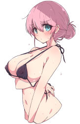 Rule 34 | 1girl, bikini, black bikini, blue eyes, blush, bocchi the rock!, breasts, collarbone, commentary request, covered erect nipples, gotoh michiyo, hair between eyes, highres, large breasts, looking at viewer, mature female, mel (melty pot), pink hair, short hair, simple background, solo, sweat, swimsuit, white background