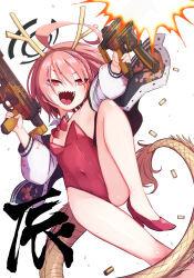 Rule 34 | 1girl, :d, absurdres, ahoge, bare legs, bare shoulders, black halo, blue archive, bow, bowtie, chinese zodiac, commentary request, covered navel, detached collar, dragon girl, dragon horns, dragon tail, firing, gun, hair between eyes, halo, highres, holding, holding gun, holding weapon, horns, jacket, konboi-eg, leotard, neru (blue archive), neru (bunny) (blue archive), official alternate costume, open mouth, playboy bunny, red bow, red bowtie, red eyes, red hair, red leotard, sharp teeth, short hair, simple background, smile, solo, tail, teeth, weapon, white background, white jacket, year of the dragon, yellow horns