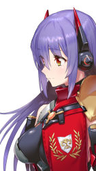 Rule 34 | 1girl, armor, bare shoulders, blush, breasts, closed mouth, commentary request, emblem, eyes visible through hair, green322, hair over one eye, headgear, highres, impossible clothes, large breasts, long hair, nintendo, poppi (xenoblade), poppi qtpi (xenoblade), purple hair, shoulder armor, sidelocks, simple background, smile, solo, upper body, white background, xenoblade chronicles (series), xenoblade chronicles 2, yellow eyes