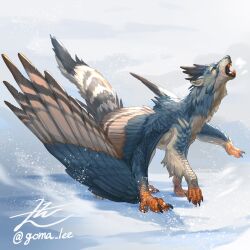 Rule 34 | animal focus, artist name, bird wings, chimera, claws, commentary, day, english commentary, fangs, feathered wings, from side, full body, highres, monster, no humans, open mouth, original, outdoors, scales, signature, snow, solo, tail, twitter username, wings, yamamura le, yellow eyes