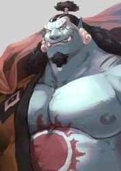 Rule 34 | 1boy, bara, bare pectorals, belly, black hair, curly eyebrows, facial hair, fat, fat man, fish boy, from below, goatee, highres, inabayasuri, japanese clothes, jinbe (one piece), kimono, large pectorals, long hair, long sideburns, looking at viewer, male focus, mature male, muscular, muscular male, nipples, one piece, open clothes, open kimono, pectorals, sharp teeth, sideburns, solo, stomach, stomach tattoo, sun tattoo, tan, tattoo, teeth, tusks, upper body